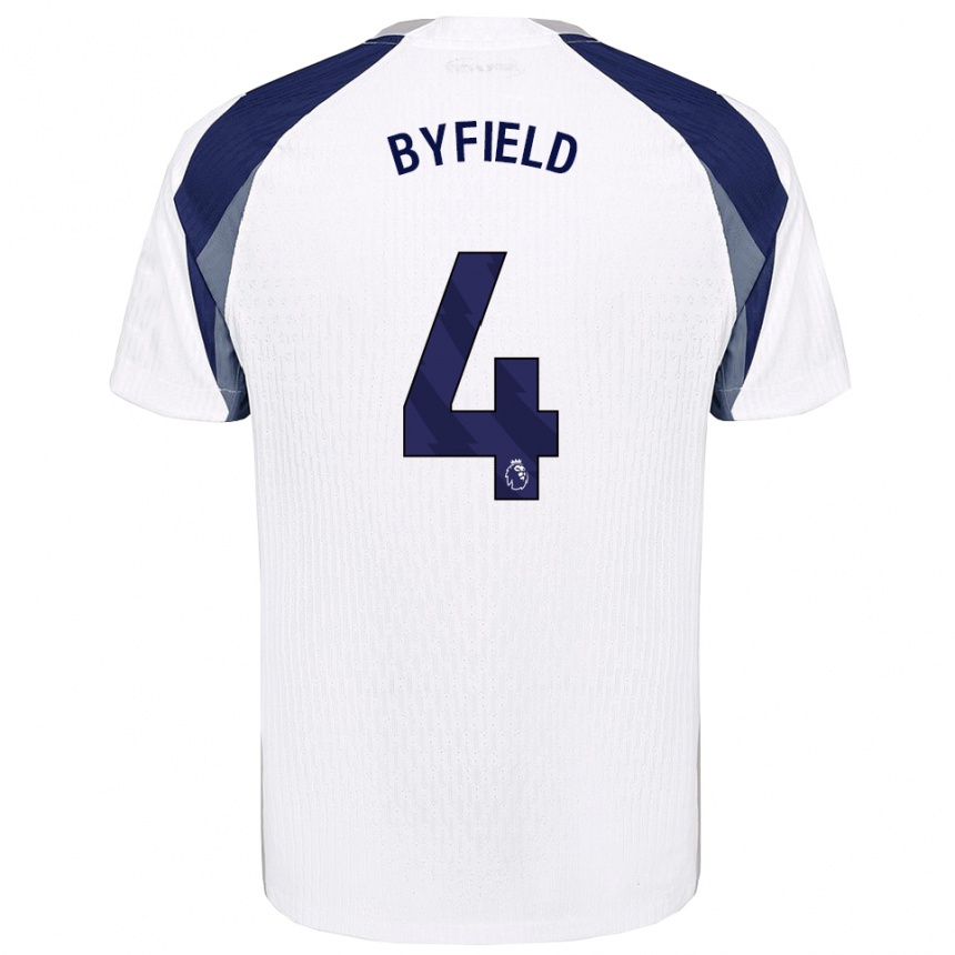 גברים כדורגל Jun'ai Byfield #4 לבן נייבי ג'רזי ביתית 2025/26