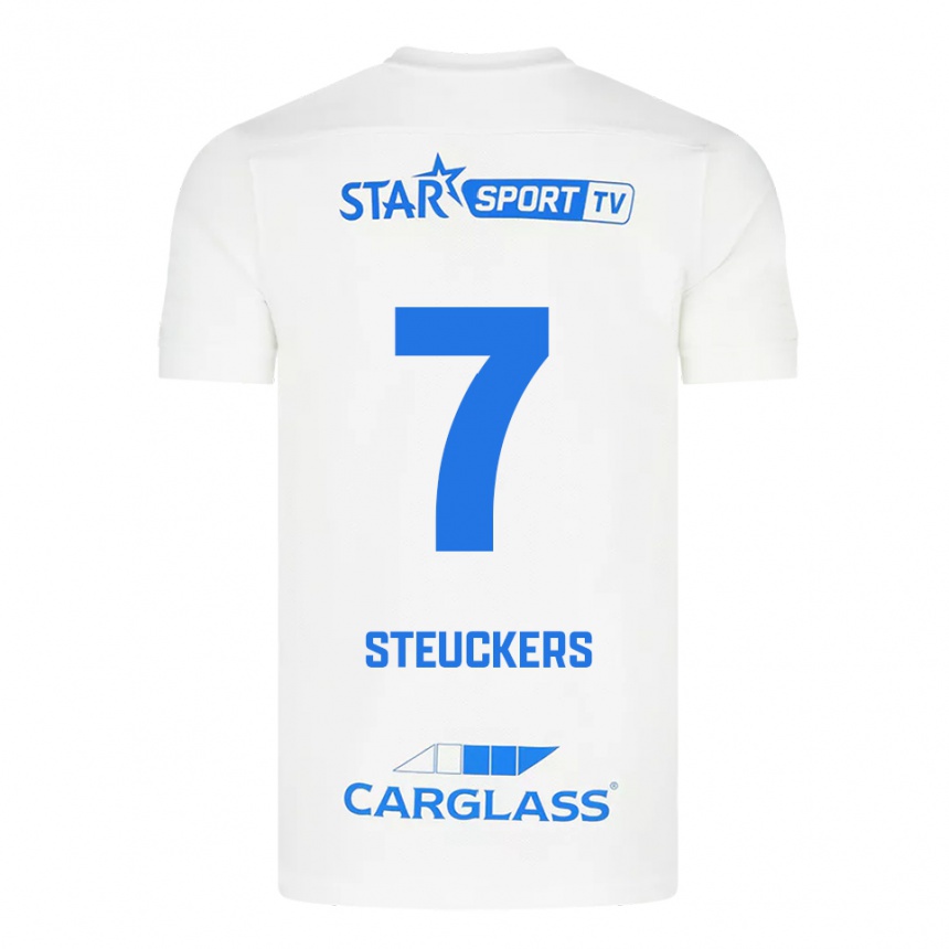 גברים כדורגל Jarne Steuckers #7 לבן כחול הרחק ג'רזי 2025/26