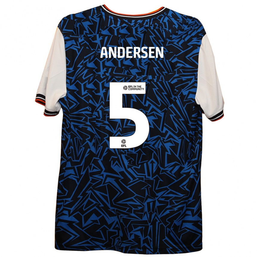 גברים כדורגל מאדס ג'ואל אנדרסן #5 כחול שחור לבן הרחק ג'רזי 2025/26