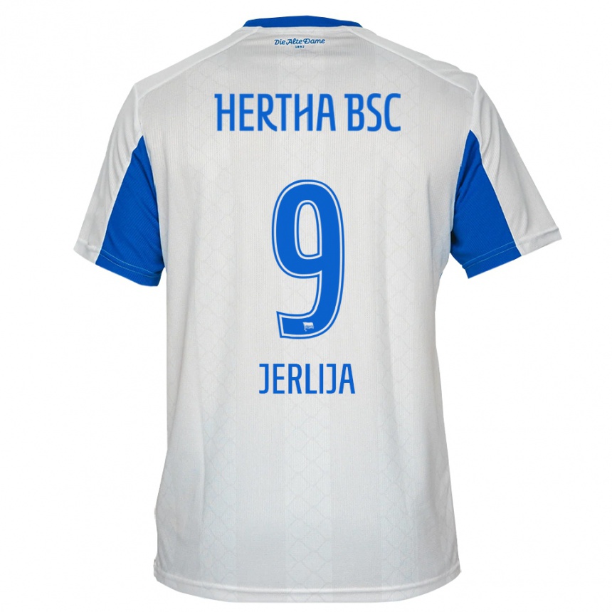 ילדים כדורגל Leotrim Jerlija #9 לבן כחול הרחק ג'רזי 2025/26