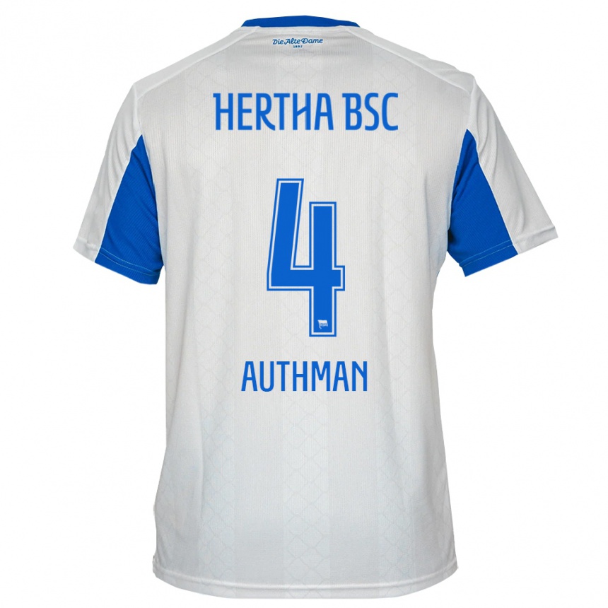 ילדים כדורגל Efe Authman #4 לבן כחול הרחק ג'רזי 2025/26