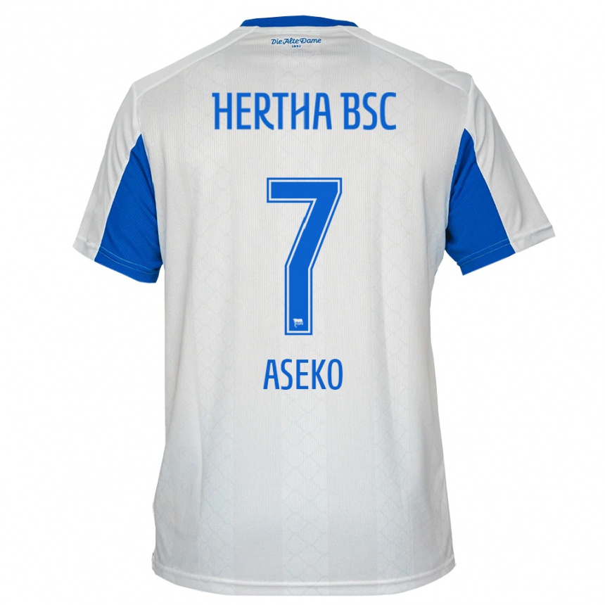 ילדים כדורגל Benjamin Aseko #7 לבן כחול הרחק ג'רזי 2025/26