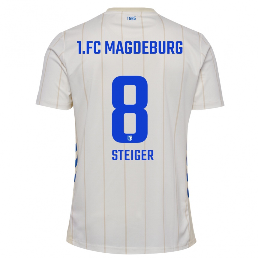גברים כדורגל Kim Steiger #8 לבן כחול הרחק ג'רזי 2025/26