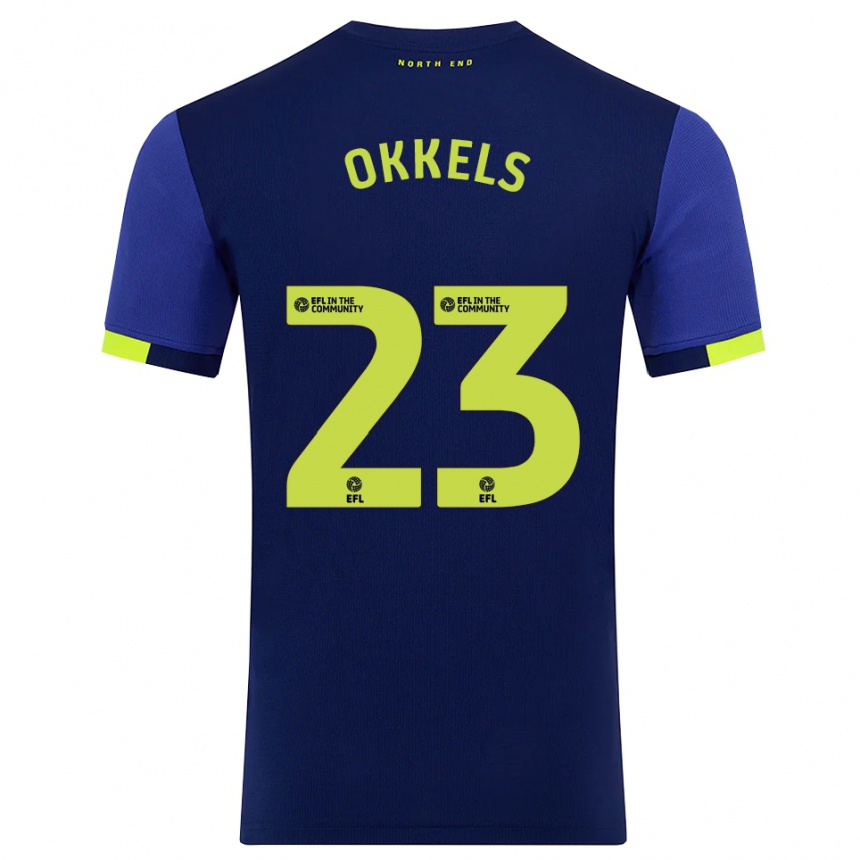 גברים כדורגל Jeppe Okkels #23 כחול נייבי צהוב הרחק ג'רזי 2025/26