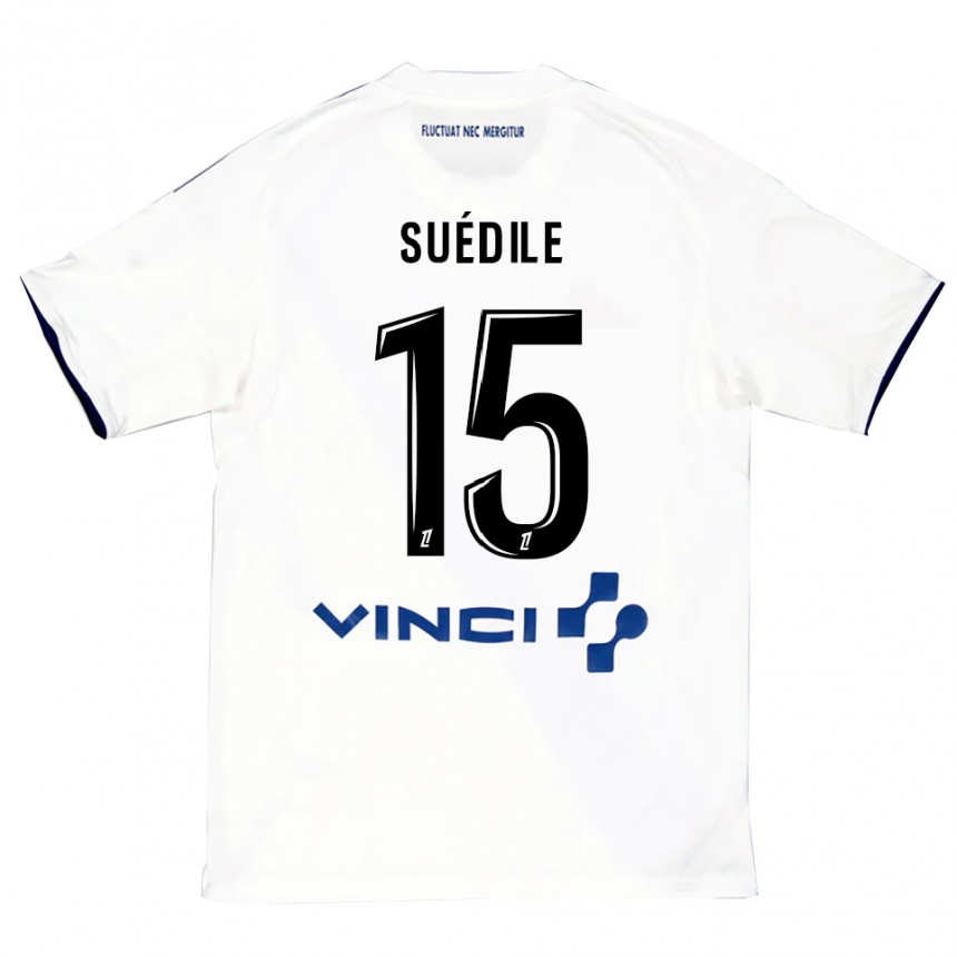 ילדים כדורגל Layvin Suédile #15 לבן כחול הרחק ג'רזי 2025/26