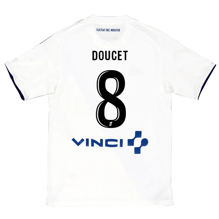 ילדים כדורגל Lohann Doucet #8 לבן כחול הרחק ג'רזי 2025/26
