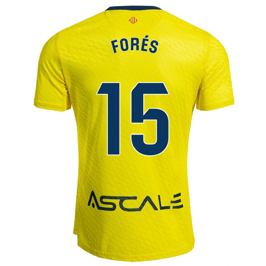 גברים כדורגל Arnau Forés #15 צהוב נייבי ג'רזי ביתית 2025/26