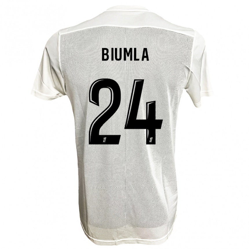 גברים כדורגל Emmanuel Biumla #24 שחור לבן הרחק ג'רזי 2025/26