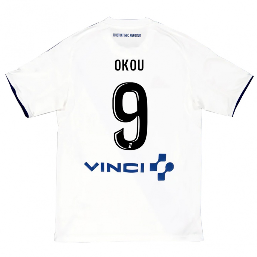 גברים כדורגל Christ Okou #9 לבן כחול הרחק ג'רזי 2025/26