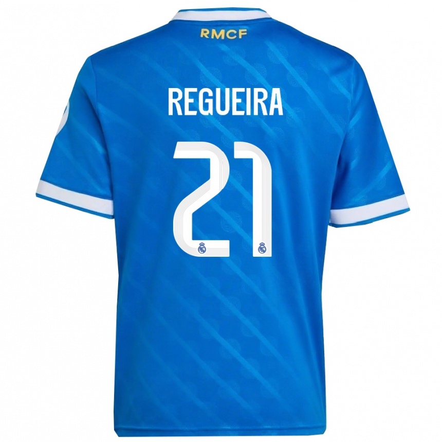 נשים כדורגל Izan Regueira #21 כחול לבן ג'רזי קיט שלישי 2025/26