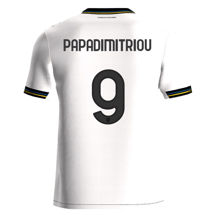 ילדים כדורגל Eirinaios Papadimitriou #9 לבן שחור ג'רזי ביתית 2025/26
