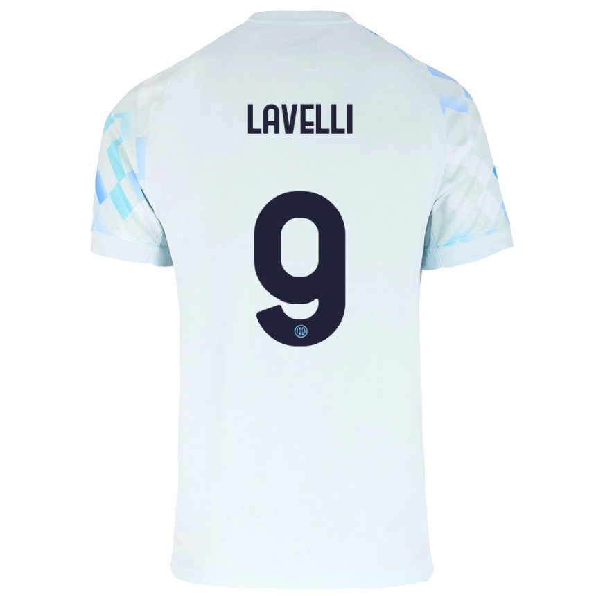 ילדים כדורגל Matteo Lavelli #9 לבן כחול הרחק ג'רזי 2025/26