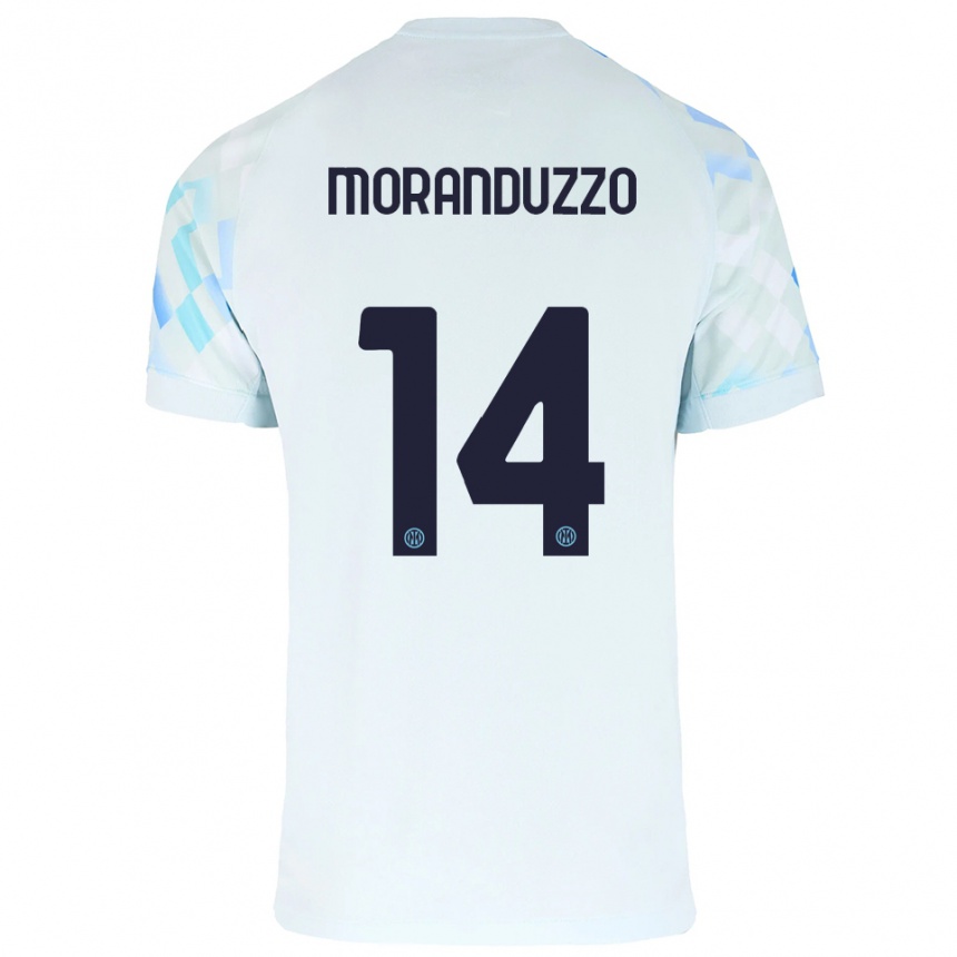 ילדים כדורגל Nicolo Moranduzzo #14 לבן כחול הרחק ג'רזי 2025/26