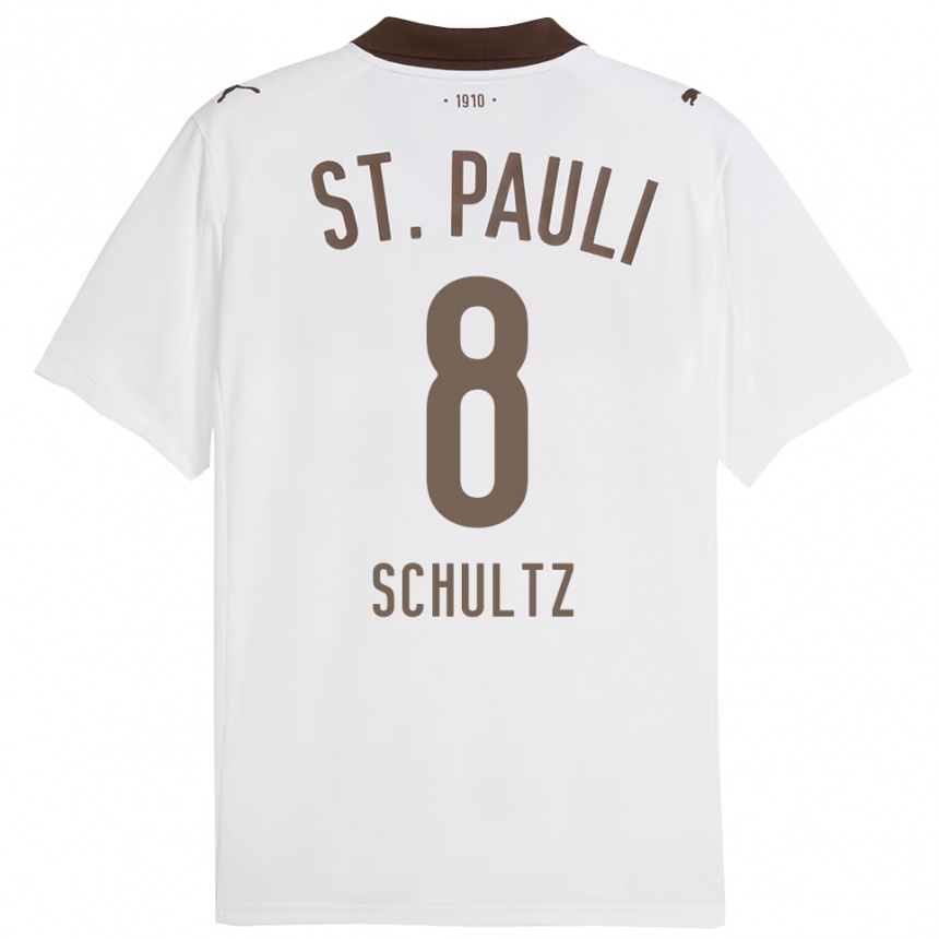 ילדים כדורגל Paul Schultz #8 לבן אדום הרחק ג'רזי 2025/26