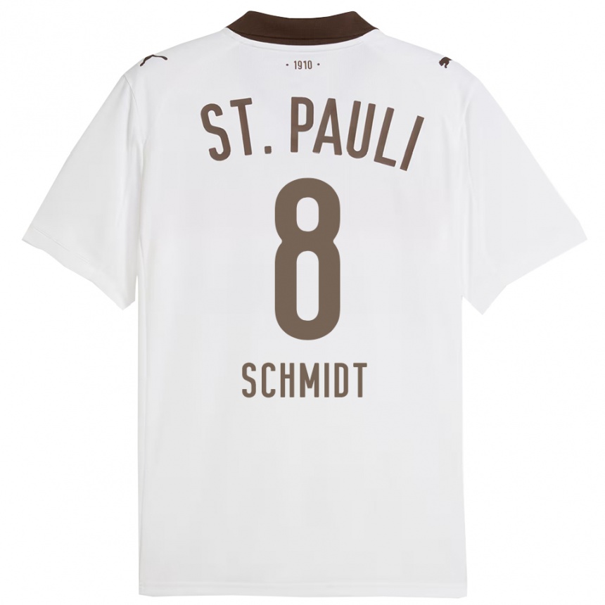 ילדים כדורגל Nick Schmidt #8 לבן אדום הרחק ג'רזי 2025/26