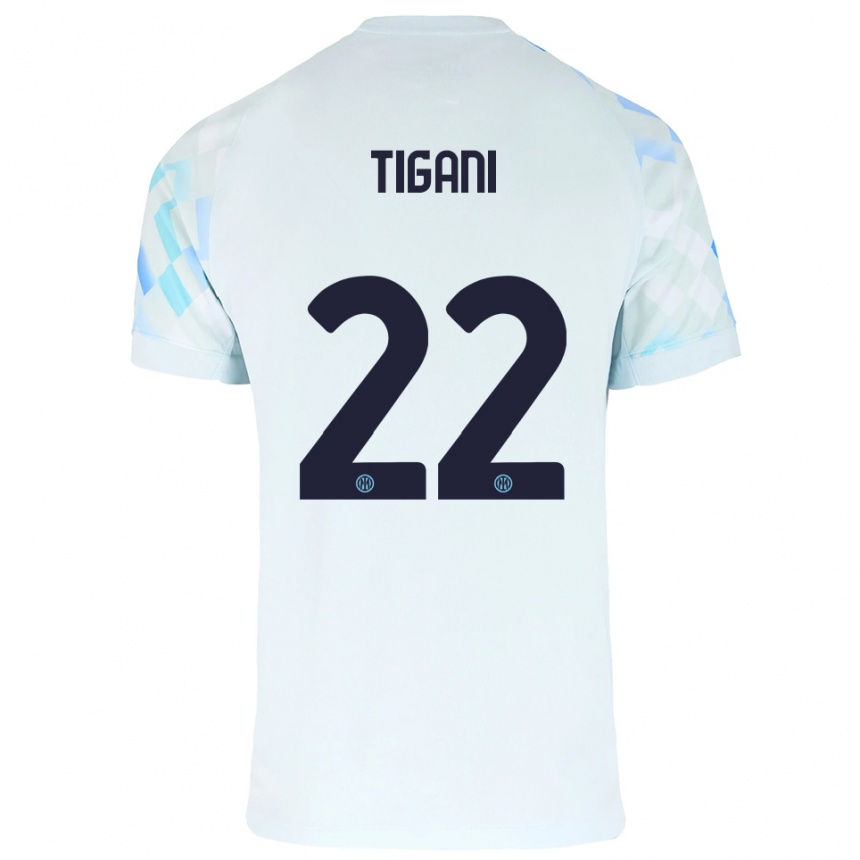 גברים כדורגל Edoardo Tigani #22 לבן כחול הרחק ג'רזי 2025/26