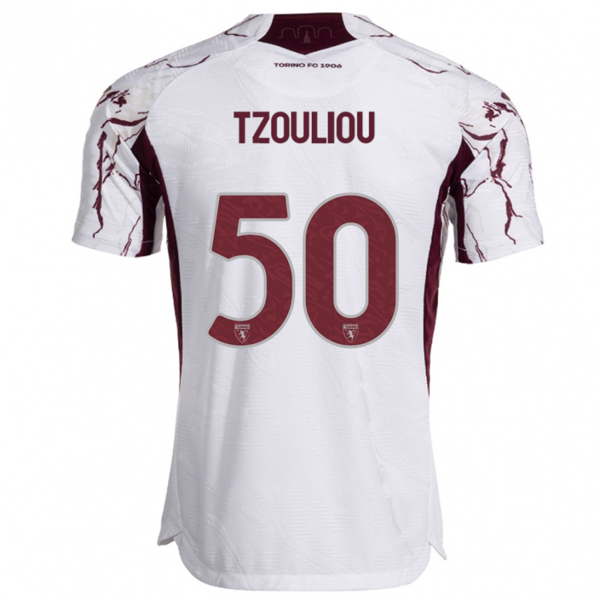 גברים כדורגל Dimitrianos Tzouliou #50 לבן בורגונדי הרחק ג'רזי 2025/26
