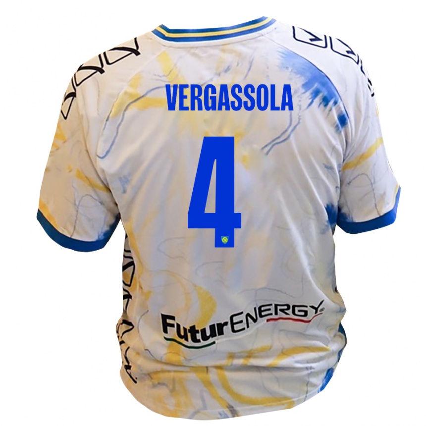 גברים כדורגל Alessandro Vergassola #4 לבן צהוב כחול הרחק ג'רזי 2025/26