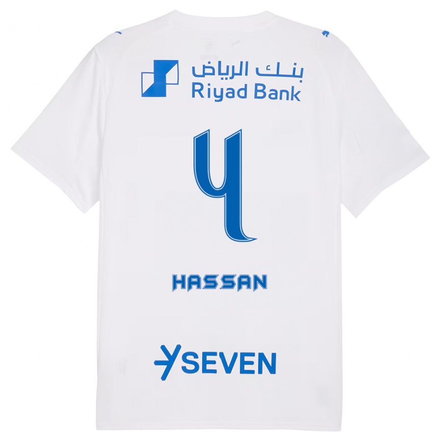 גברים כדורגל Eman Hassan #4 לבן כחול הרחק ג'רזי 2025/26