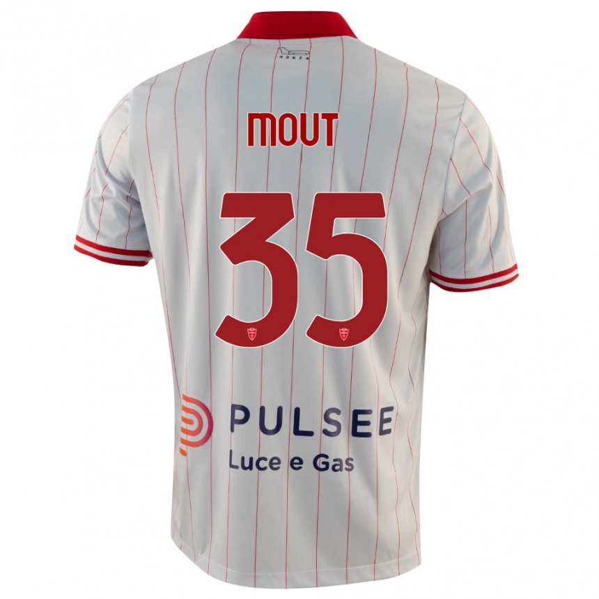 נשים כדורגל Mathis Mout #35 לבן אדום כחול הרחק ג'רזי 2025/26 נשים כדורגל Mathis Mout #35 לבן אדום כחול הרחק ג'רזי 2025/26