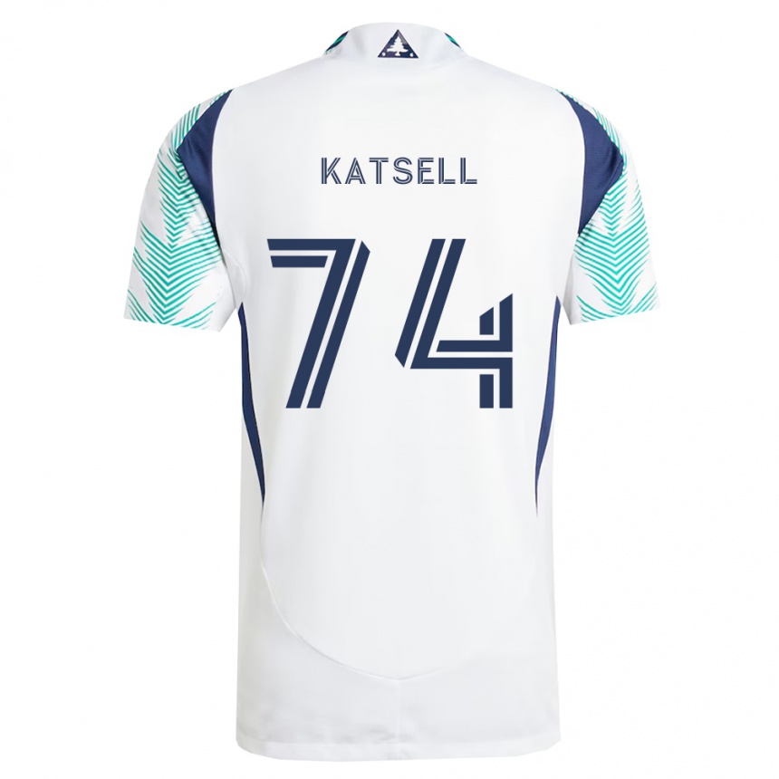 גברים כדורגל Levi Katsell #74 לבן כחול צי ירוק בהיר הרחק ג'רזי 2026/27