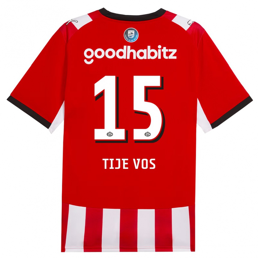 ילדים כדורגל Tije Vos #15 אדום לבן שחור ג'רזי ביתית 2026/27