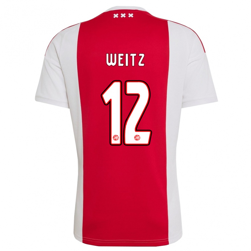 נשים כדורגל Axel Weitz #12 אדום לבן צהוב ג'רזי ביתית 2026/27 נשים כדורגל Axel Weitz #12 אדום לבן צהוב ג'רזי ביתית 2026/27
