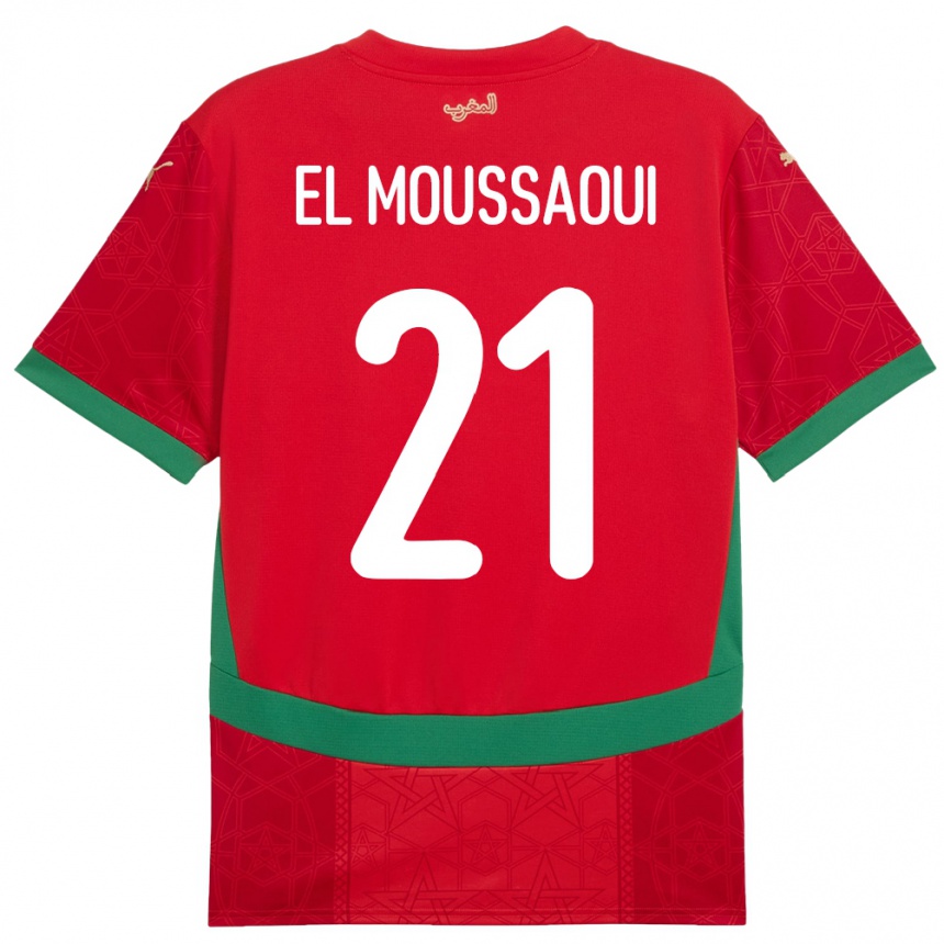 גברים כדורגל מָרוֹקוֹ Tajeddine El Moussaoui #21 אָדוֹם ג'רזי ביתית 24-26