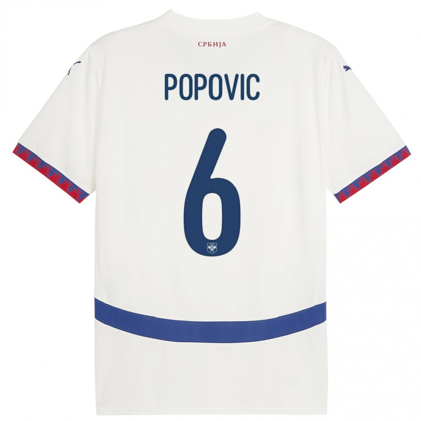 גברים כדורגל סרביה Andrej Popovic #6 לבן הרחק ג'רזי 24-26