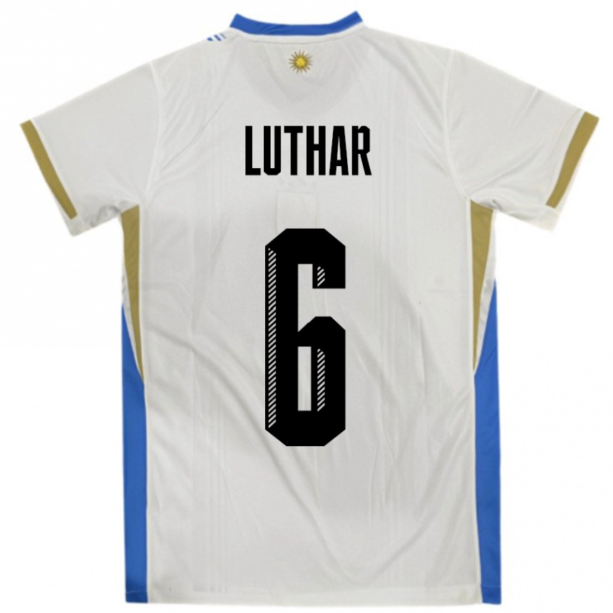 גברים כדורגל אורוגוואי Thiago Luthar #6 לבן כחול הרחק ג'רזי 24-26