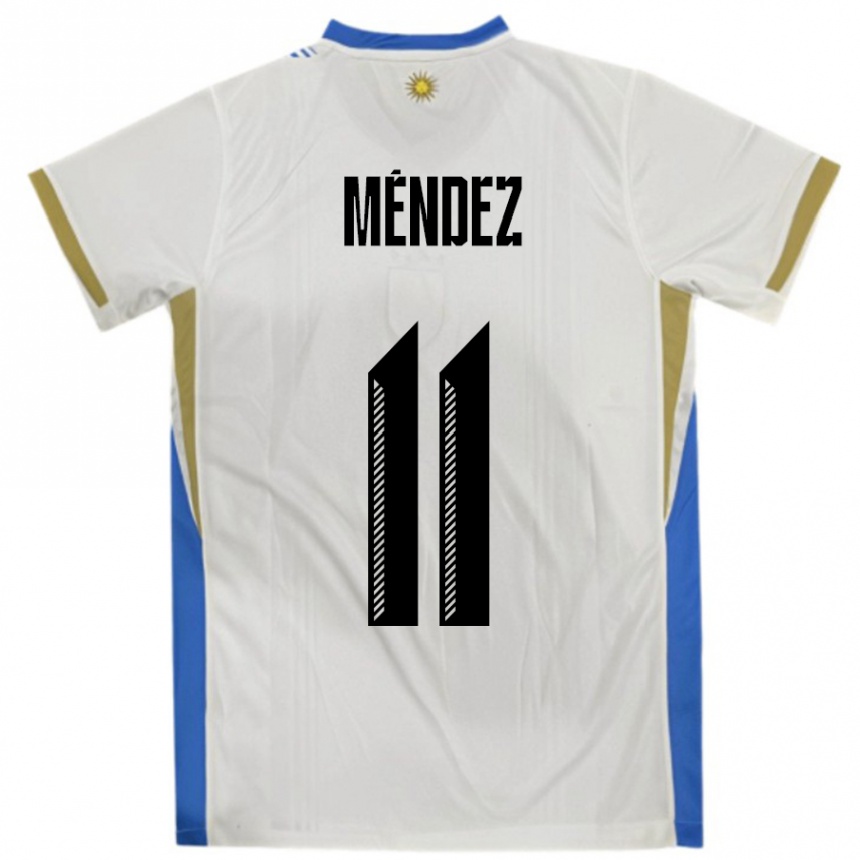 גברים כדורגל אורוגוואי Axel Méndez #11 לבן כחול הרחק ג'רזי 24-26