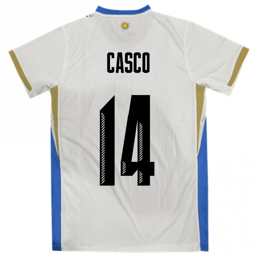 גברים כדורגל אורוגוואי Maximiliano Casco #14 לבן כחול הרחק ג'רזי 24-26