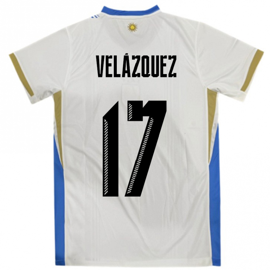גברים כדורגל אורוגוואי Ezequiel Velázquez #17 לבן כחול הרחק ג'רזי 24-26