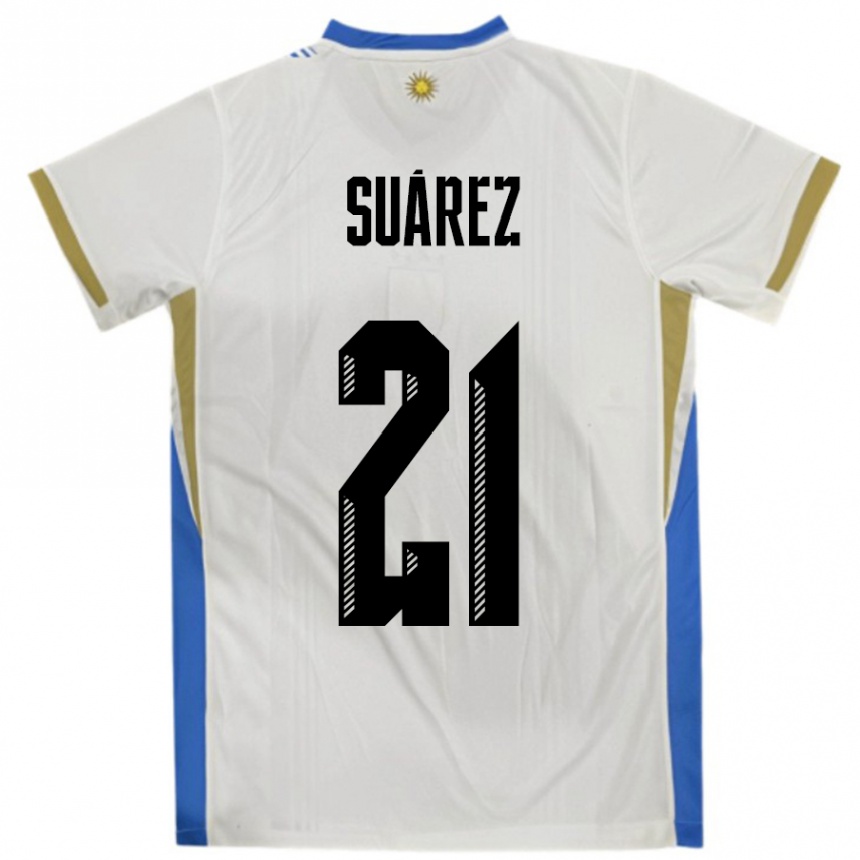 גברים כדורגל אורוגוואי Pablo Suárez #21 לבן כחול הרחק ג'רזי 24-26