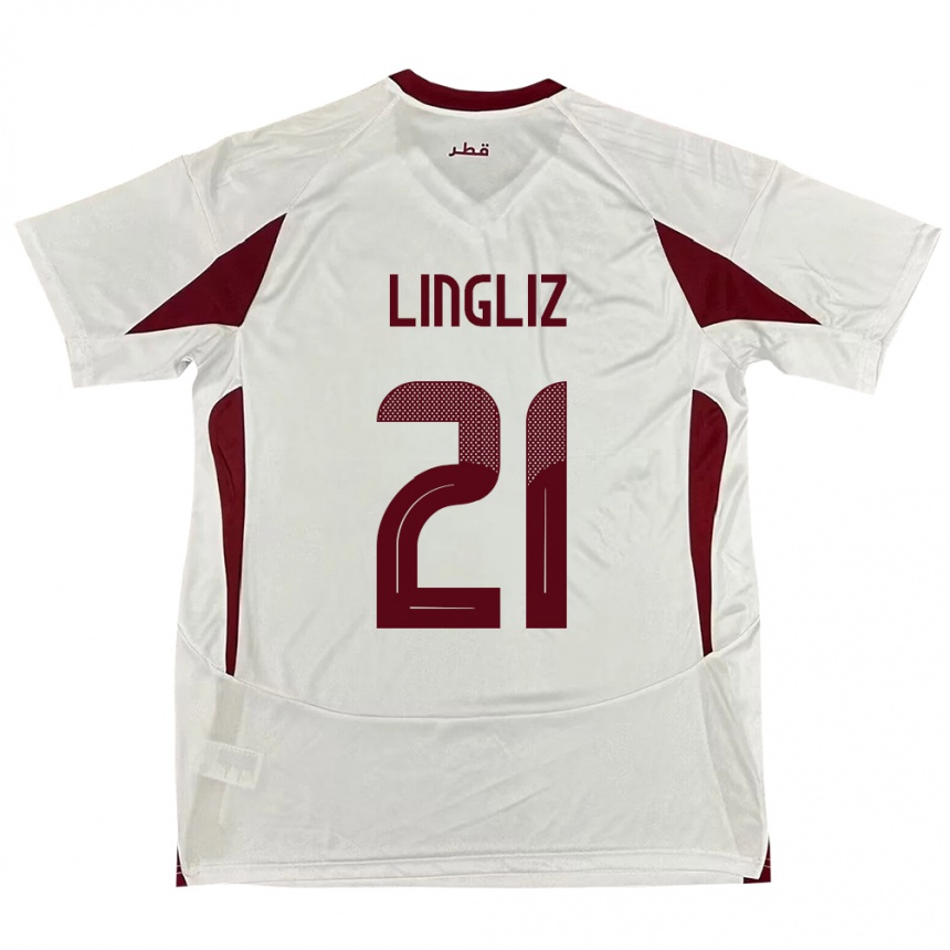 גברים כדורגל קטאר Mohamed Lingliz #21 לָבָן הרחק ג'רזי 24-26