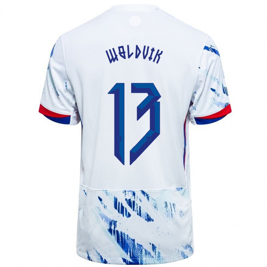 גברים כדורגל נורבגיה Emilie Woldvik #13 לבן כחול הרחק ג'רזי 24-26