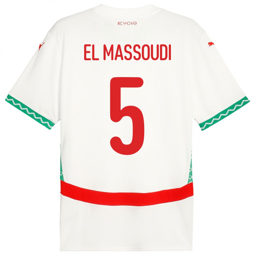 נשים כדורגל מָרוֹקוֹ Nassim El Massoudi #5 לָבָן הרחק ג'רזי 24-26