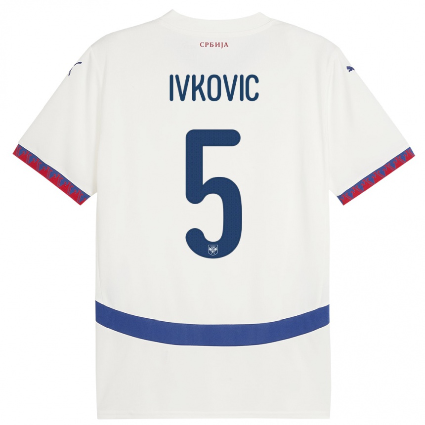 נשים כדורגל סרביה Ognjen Ivkovic #5 לבן הרחק ג'רזי 24-26