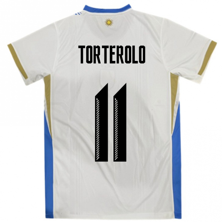 נשים כדורגל אורוגוואי Alan Torterolo #11 לבן כחול הרחק ג'רזי 24-26