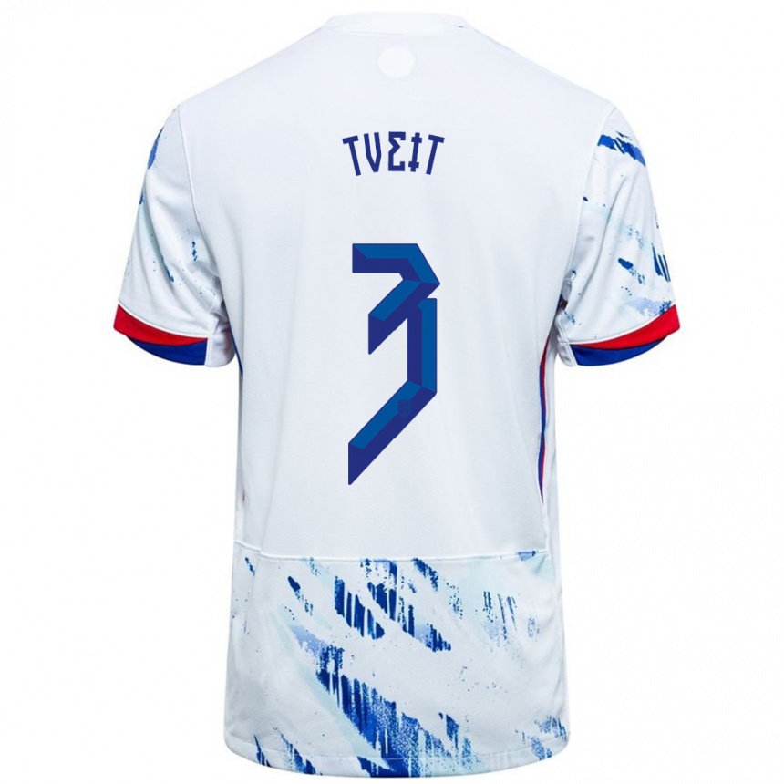 נשים כדורגל נורבגיה Aksel Tveit #3 לבן כחול הרחק ג'רזי 24-26