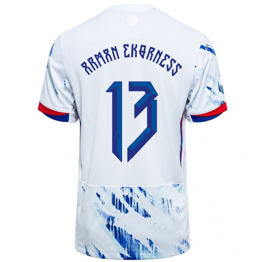 נשים כדורגל נורבגיה Karsten Arman Ekorness #13 לבן כחול הרחק ג'רזי 24-26