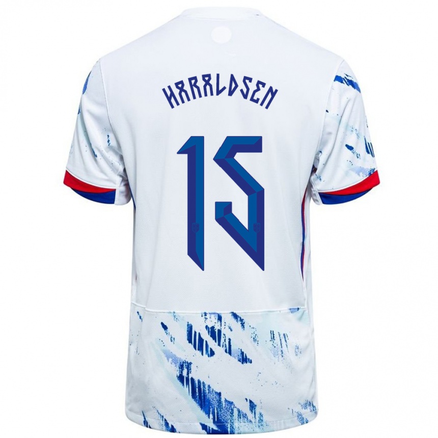 נשים כדורגל נורבגיה Henrik Haraldsen #15 לבן כחול הרחק ג'רזי 24-26