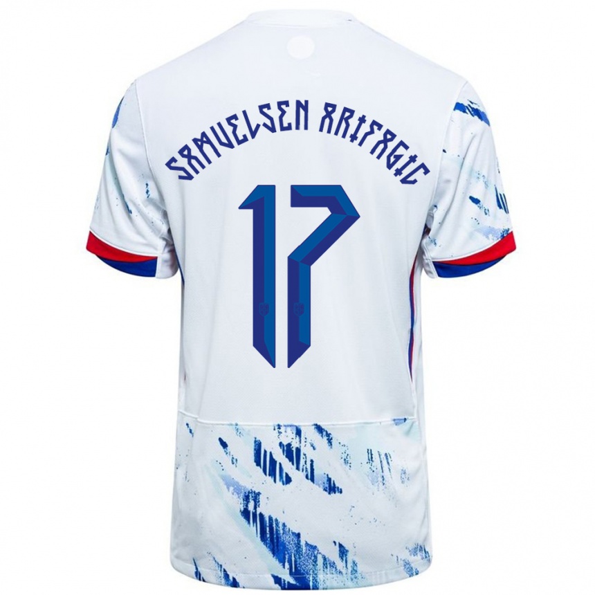 נשים כדורגל נורבגיה Elias Samuelsen Arifagic #17 לבן כחול הרחק ג'רזי 24-26