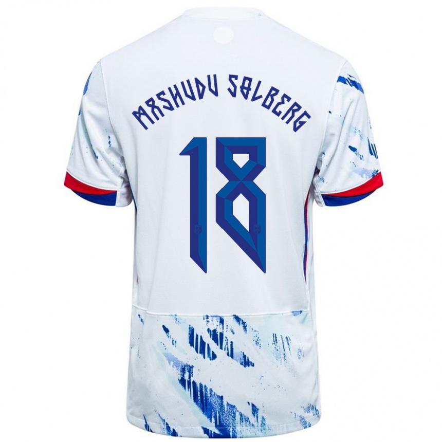 נשים כדורגל נורבגיה Mathias Mashudu Solberg #18 לבן כחול הרחק ג'רזי 24-26