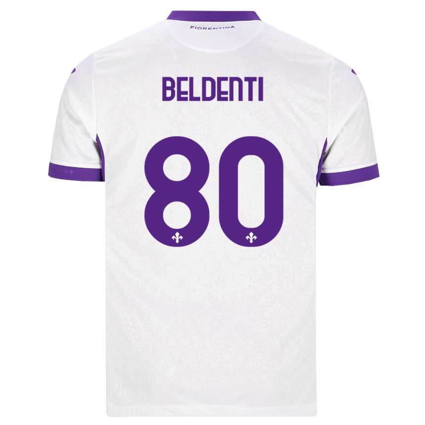ילדים כדורגל Dennis Beldenti #80 לבן סגול הרחק ג'רזי 2026/27