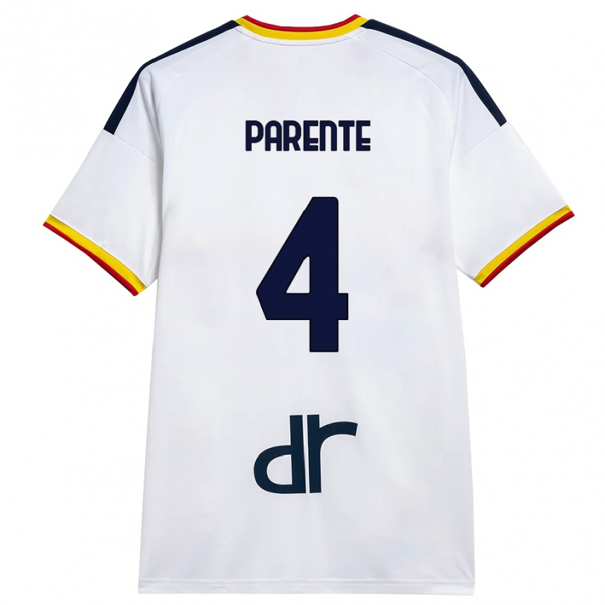 ילדים כדורגל Francesco Parente #4 לבן צהוב אדום הרחק ג'רזי 2026/27