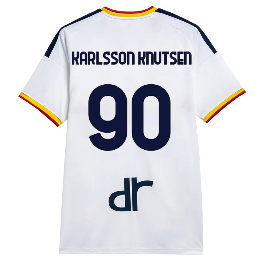 ילדים כדורגל Storm Karlsson Knutsen #90 לבן צהוב אדום הרחק ג'רזי 2026/27
