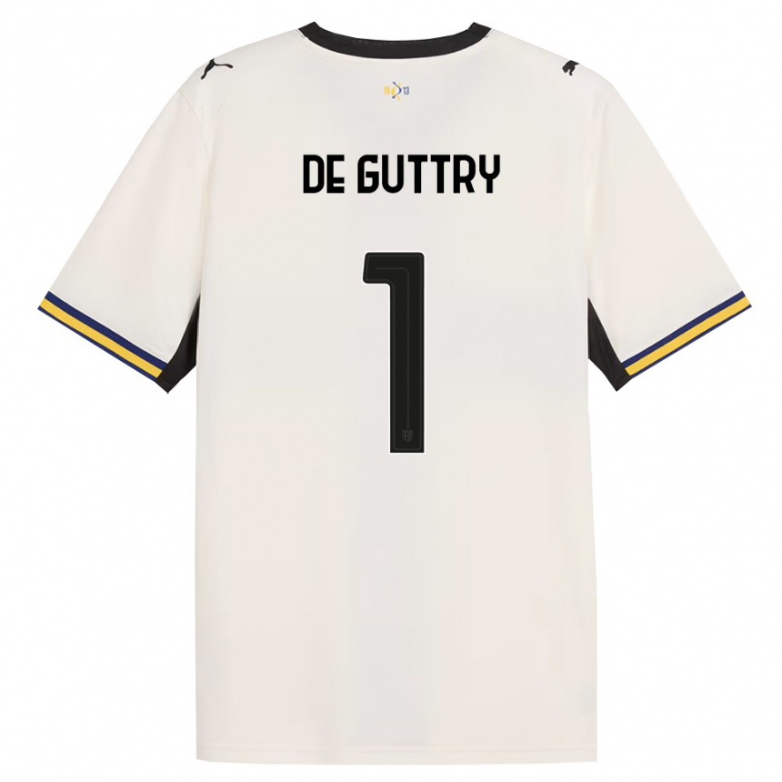 גברים כדורגל Elia De Guttry #1 לבן מבריק שחור צהוב ג'רזי ביתית 2026/27