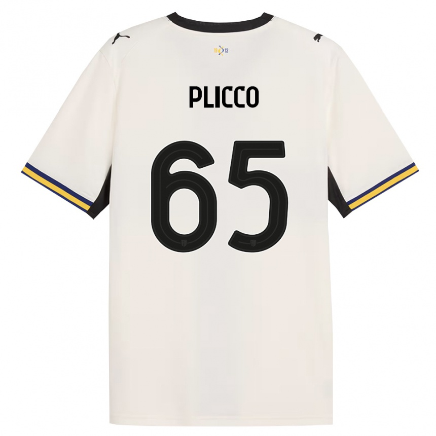 גברים כדורגל Elia Plicco #65 לבן מבריק שחור צהוב ג'רזי ביתית 2026/27 גברים כדורגל Elia Plicco #65 לבן מבריק שחור צהוב ג'רזי ביתית 2026/27