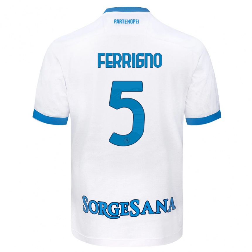 גברים כדורגל Vincenzo Ferrigno #5 לבן כחול שמיים הרחק ג'רזי 2026/27